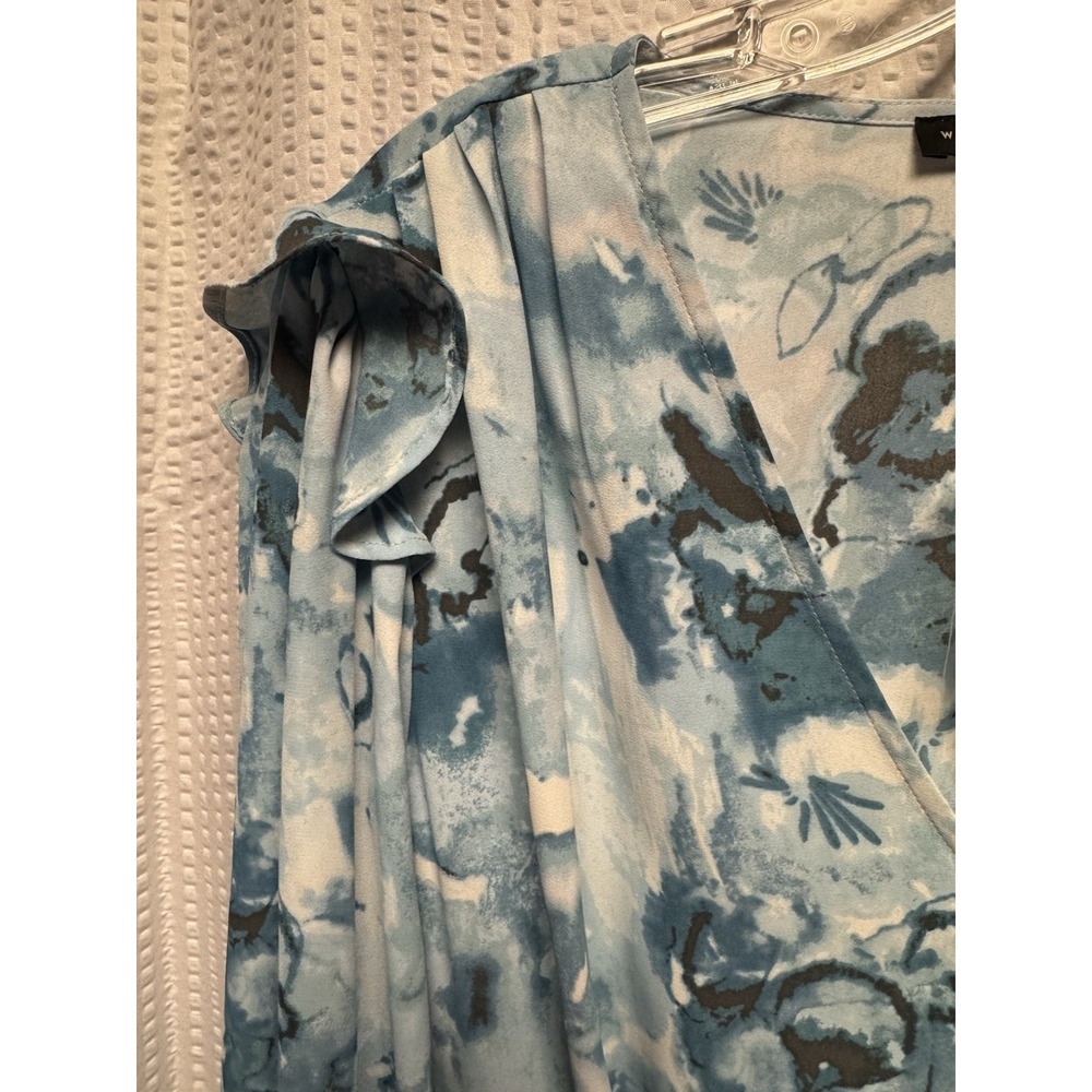 White House Black Market Banded Bottom Blouse Ruffle Shoulder Watercolor‎ Sz 14 - Picture 4 of 13
